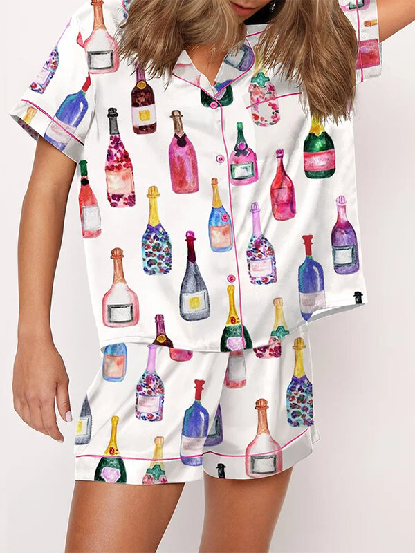 Женский пижамный комплект из 2 предметов, рубашка на пуговицах с коротким рукавом и принтом цвета шампанского + шорты, летняя Свободная Домашняя одежда