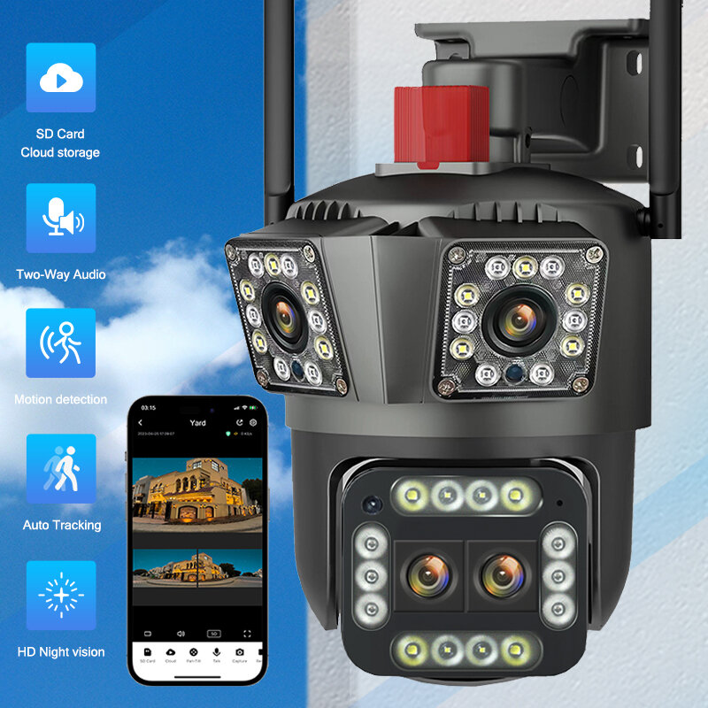 Kamera Zoom 12x luar ruangan 8K 16MP, lensa Thour tiga layar WiFi kamera IP perlindungan keamanan deteksi gerakan 4K CCTV Survalance