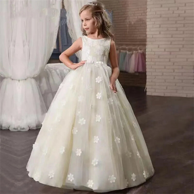 Tulle Puffy Applique Sleeveless Floor Length Flower Girl Dress For Wedding Elegant Child's First Eucharistic Birthday Party Gown