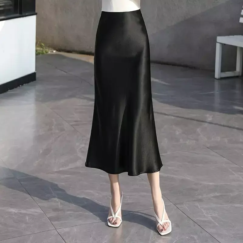 Eleganckie spódnice damskie Asymetryczna moda Satynowa jedwabna spódnica Biuro Łączone spódnice Letnie spódnice średniej długości Moda damska T184