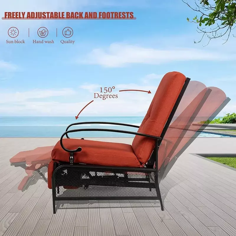 Adjustable Outdoor Lounge Chair Metal Patio Relaxing Recliner Chair With Removable Cushions(Red) Leisure Chaise Longue Furniture