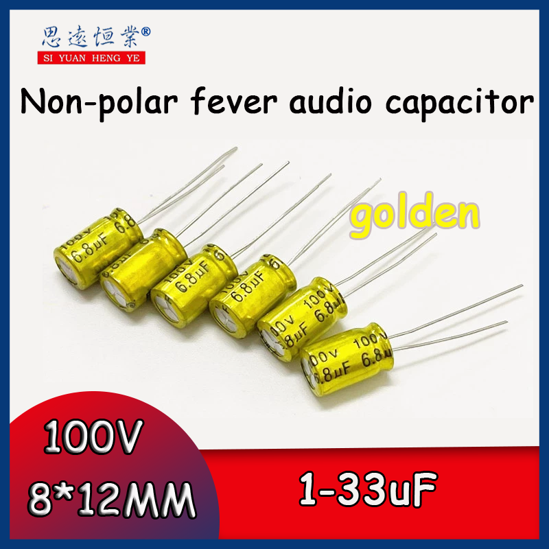 Capacitor de Áudio Fever Dourado, 100V, Não-polar, 8x12mm, 1, 1.5, 2, 2, 3, 4, 5, 6, 6, 8, 10, 15, 22, 33UF, 10 PCes