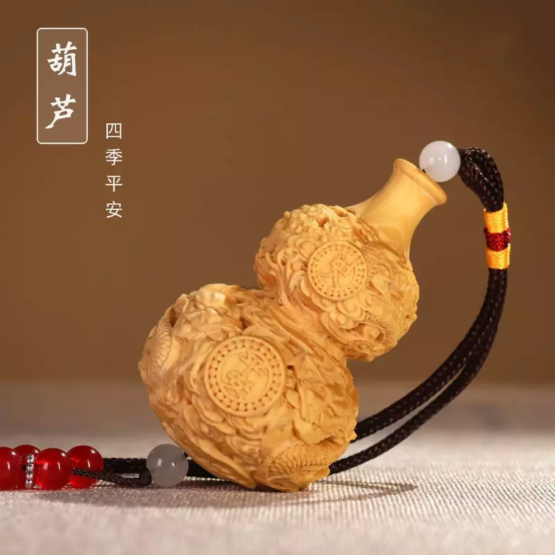 Four Seasons Ping An Boxwood Carving Gourd Hand-held Piece Plate Play Pendant Carving Creative Gifts Desktop Decorations WenWan