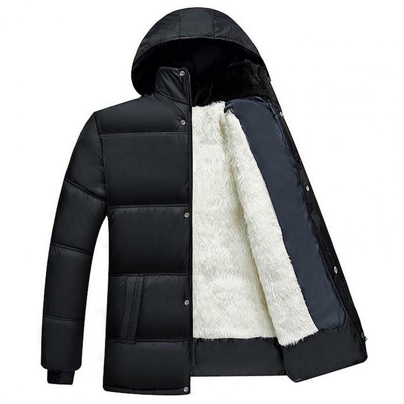Mantel lengan panjang bertudung pria, jaket katun musim dingin empuk tebal tahan angin bersaku elastis untuk pria usia sedang