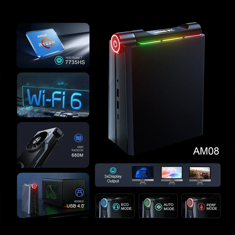 Chatreey AM08 Mini PC AMD Ryzen 7 7735HS 680M 8 Cores Gaming Desktop Colorful Lighting Computer NVME SSD Wifi6 BT 5.0