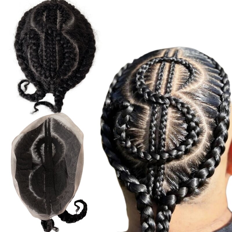 Malaysian Virgin Human Hair Systems 1b# Natural Black Color Afro Corn US$ Braids Full Lace Toupees 8x10 Male Unit for Black Men