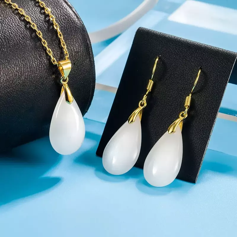 Lihong Exquisite Jewelry 925 Sterling Silver White Jade drop Pendant Necklace Earrings Set For Women engagement Jewelry gift