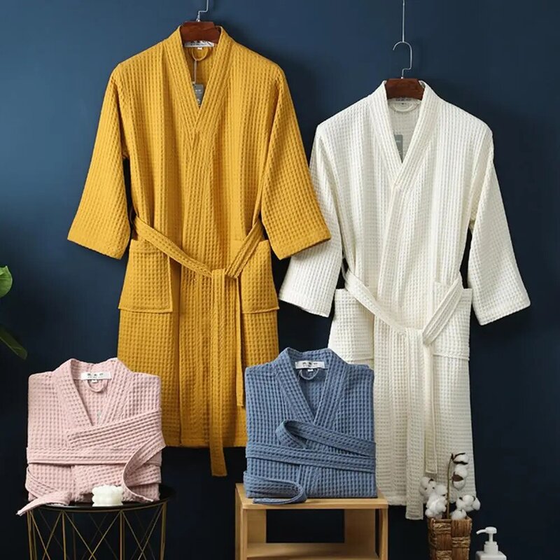 Women Nightgown Versatile Unisex Nightgown Men's Bathrobe Stylish V Neck Lace-up Waist Long Sleeve Pockets for Spring