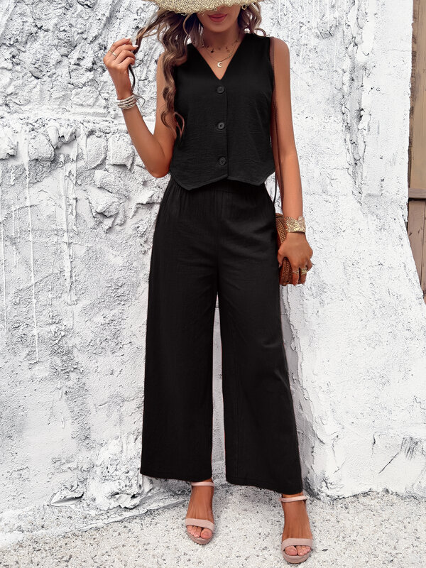 2024 Summer Casual Women's Suit Solid Color Sleeveless V-neck Vest Tops + Trousers 2-piece Suit Fashion Streetwear Suit Outfit