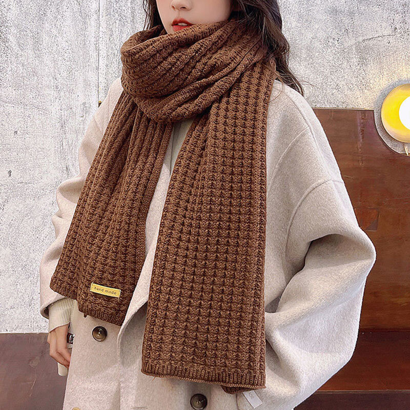 Women Knitted Scarf Winter Striped Elastic Scarves Solid Thickened Thermal Shawls Knitted Long Scarf Outdoor Windproof Scarf