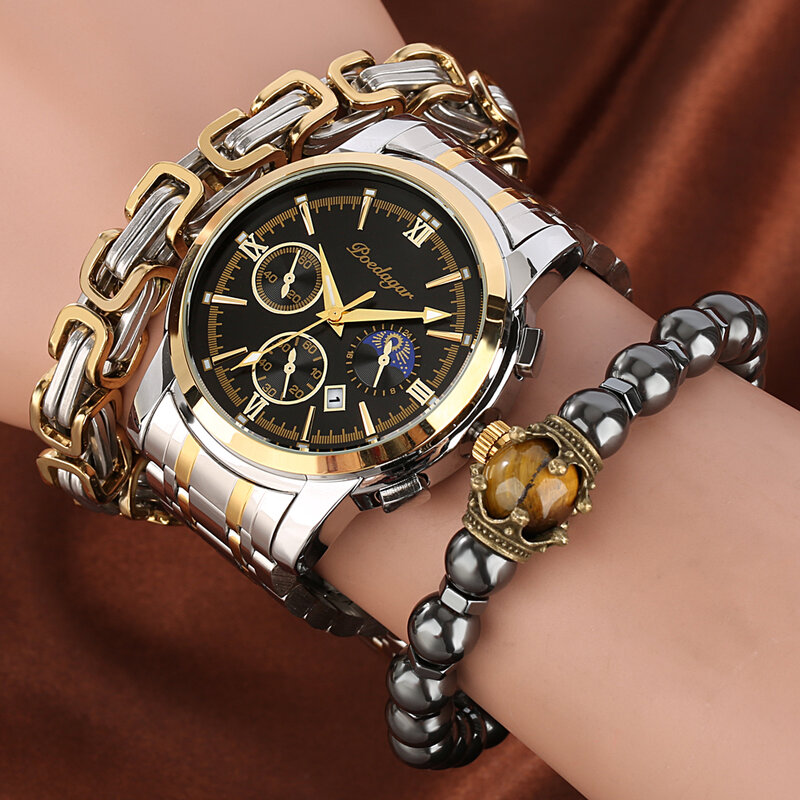 Business Men Watch Bracelet Set Gift for Male Luxury Fashion Luminous Waterproof Quartz Wristwatch Stainless Steel Reloj Hombre