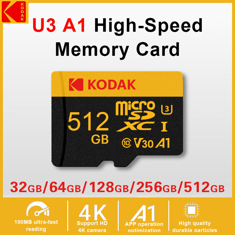 Kodak Ultra-tarjeta de memoria Micro SD Clase 10, 512GB, 256GB, 128GB, 64GB, 32GB, MicroSDXC, tarjeta Flash TF Original de 100MB