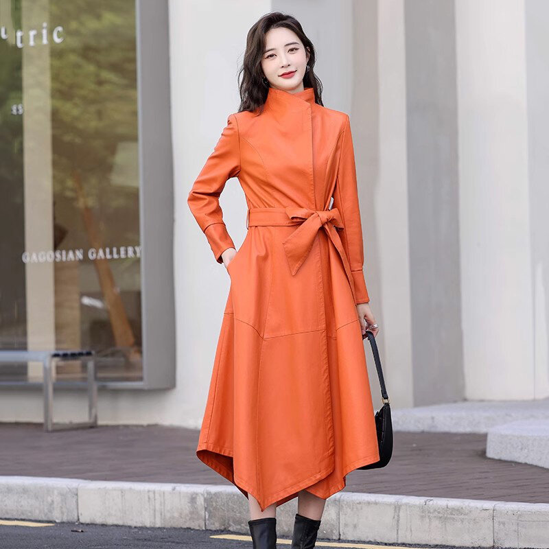 New Women Long Leather Coat Spring Autumn Fashion Stand Collar Irregular Hem Slim Trench Coat Split Leather Casual Overcoat