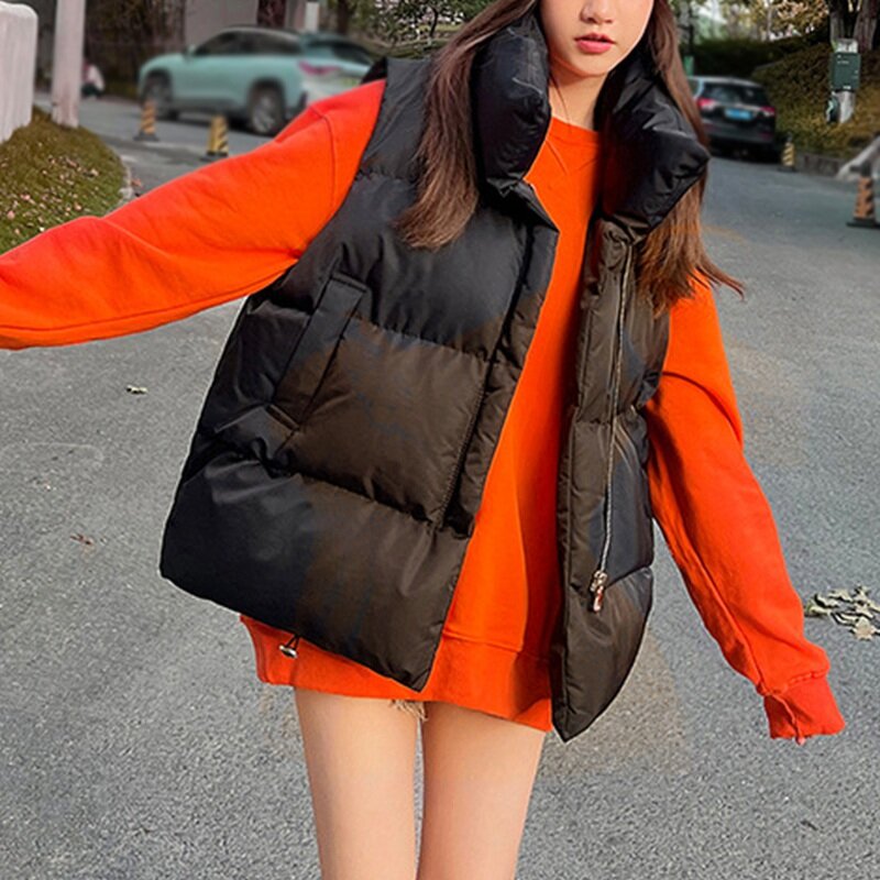 Women Cotton Vest Standing Collar Sleeveless Padded Outerwear Autumn Winter Loose Fitting Casual Warm Coat  Solid Color