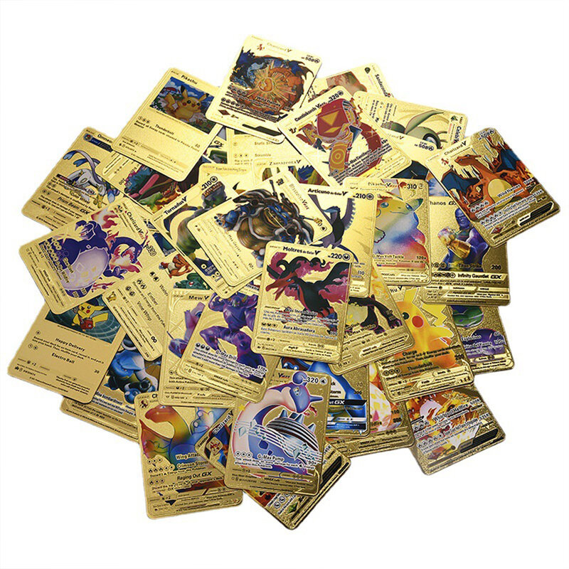 54 Uds. Tarjeta de Pokemon negro dorado plateado tarjetas en inglés Gx Vmax juego Pikachu Charizard moneda de Metal dorado para juegos envío gratis