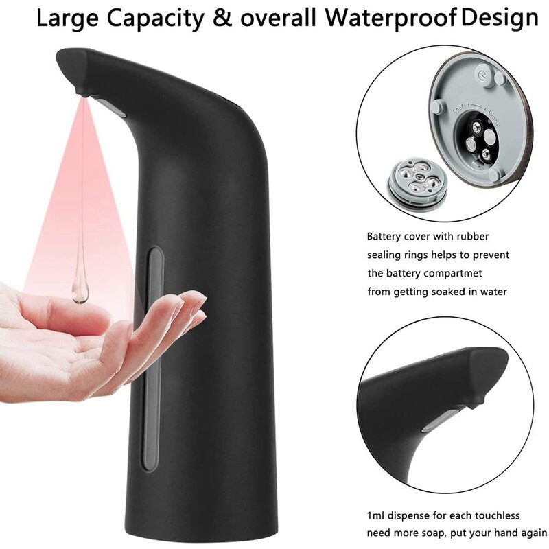 Black Automatic Soap Dispenser Touchless, Auto Liquid Soap Dispenser for Kitchen Bathroom 400Ml