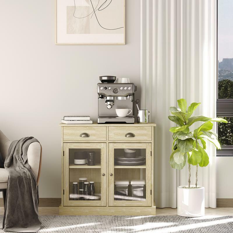 Farmhouse Sideboard Buffet Cabinet, Kitchen Cabinet with 2 Glass Doors, Coffee Bar Cabinet with Adjustable Shelves and 2 Drawer
