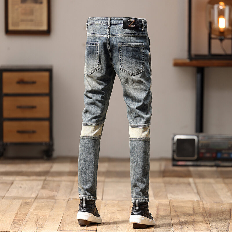 Shelf fashion street personality splicing patch biker jeans trendy casual retro stretch slim leggings men's pants