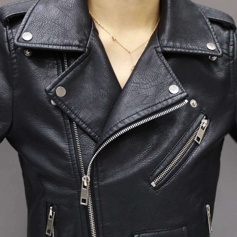 女性のための黒いPUの革オートバイのジャケット、短いストリートウェアコート、韓国、春、秋、冬、新しい、2022