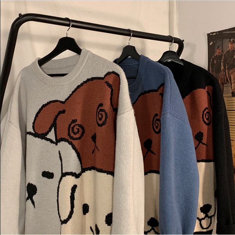 남녀공용 만화 곰 스웨터, 긴팔 니트 풀오버 스웨터, 오버사이즈 2023 코튼 코트, 겨울 패션, 신상