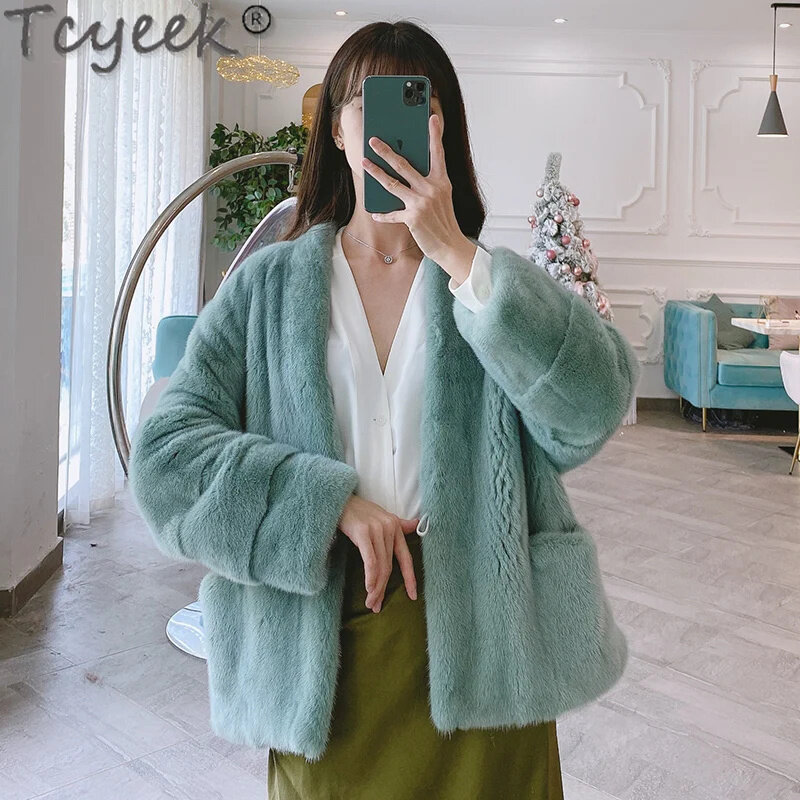 Tcyek 천연 밍크 모피 코트, 따뜻한 리얼 재킷, 겨울 여성 재킷, 2024 진짜 전체 코트 패션