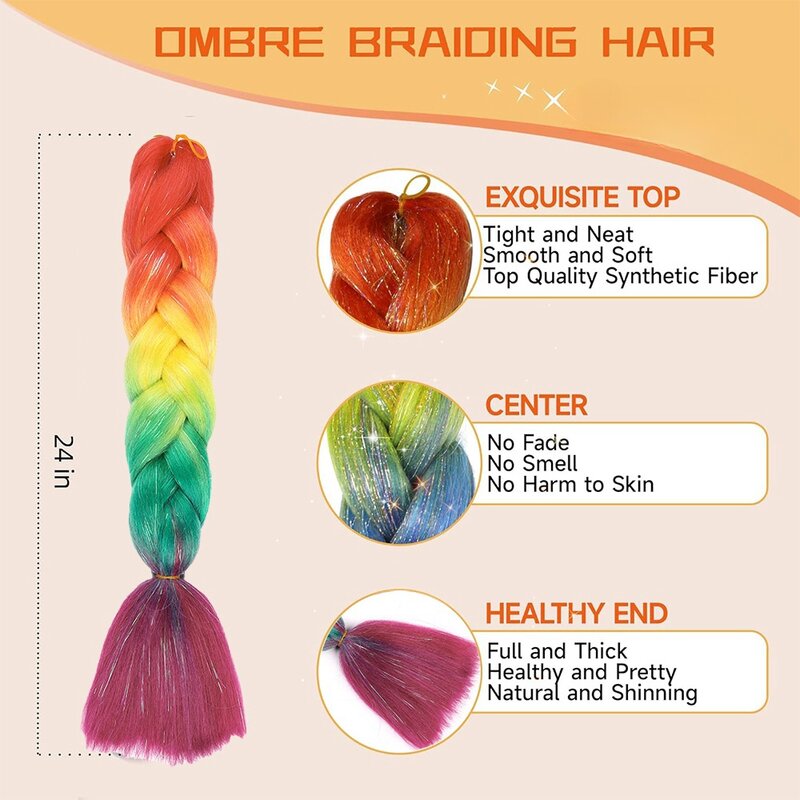 Ulepszony warkocz z włosów Ombre z do przedłużania włosów świecidełkami kolorowymi syntetycznymi plecionkami 3-tonowymi dla kobiet akcesoria do włosów
