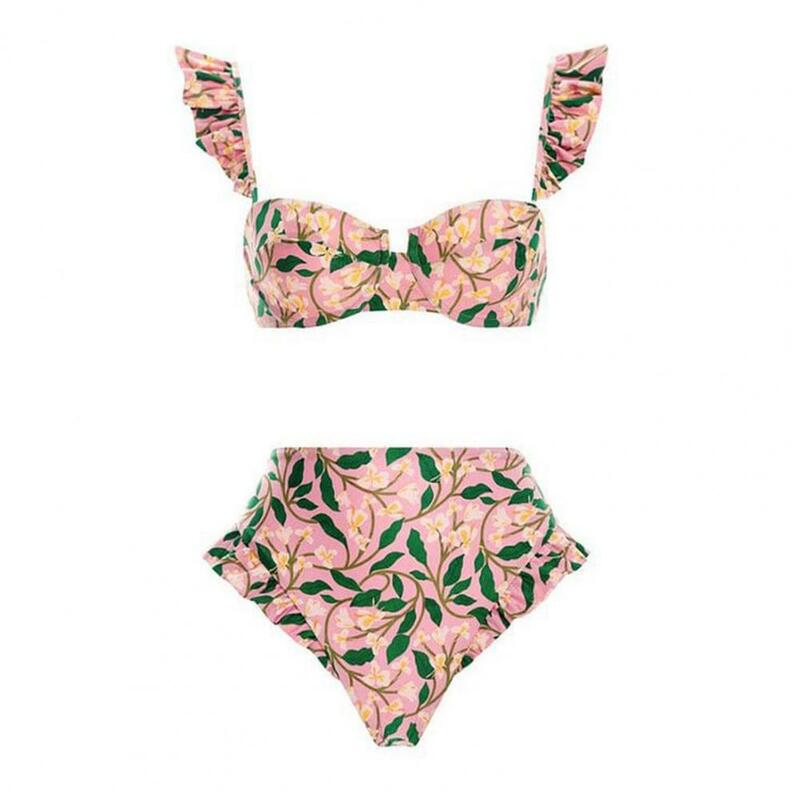 Bohemian Swimsuit Set Bohemia Style Bikini Set with Ruffle Sleeve Bandeau Bra High Waist Swim Floral Print Beach for Women