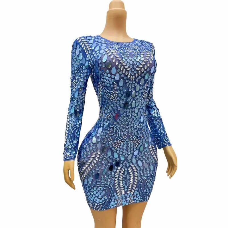 Damska krótka sukienka z siateczki kryształki z cekinami niebieski wzór wieczór weselny moda seksowna odzież sceniczna