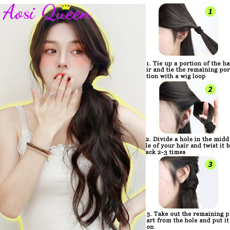 AOSI Wig Ponytail for Women with Long Hair Sweet and Cool Elastic Band with Strap Low Tie Natural Lightly Curly Ponytail