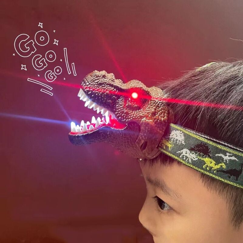 Senter kepala dinosaurus anak-anak, dapat disesuaikan lampu sorot LED Dino Kemah simulasi USB dapat diisi ulang
