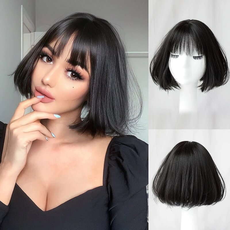 Natural Looking Black Wig with Bangs Short Straight Bob Wigs for Women 10 Inch Synthetic Hair Replacement Wigs