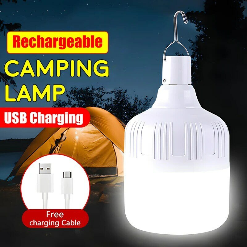 Lâmpada LED recarregável USB ao ar livre, luz de emergência, ligar, acampar, barraca, pesca, churrasco, iluminação portátil, lanterna, luzes noturnas