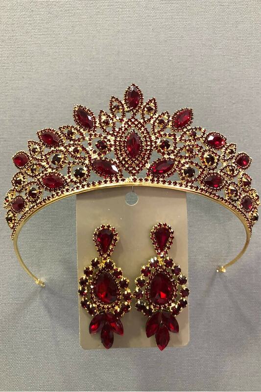 Paquete de pendientes y corona de Henna de Tiara nupcial dorada de circonia cúbica de cristal rojo oscuro