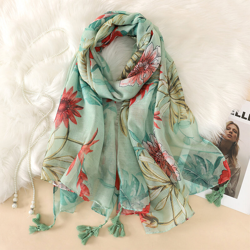 Bufanda de algodón de lino suave para mujer, chales de lujo Premium, Foulard femenino con estampado de flores artísticas, bufandas con borlas, Echarpe