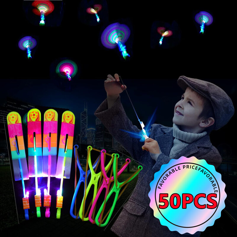 Nuovo 50/30/10/5/1Pc incredibile luce giocattolo freccia razzo elicottero giocattolo volante giocattoli luminosi a LED regali divertenti per feste catapulta con elastico