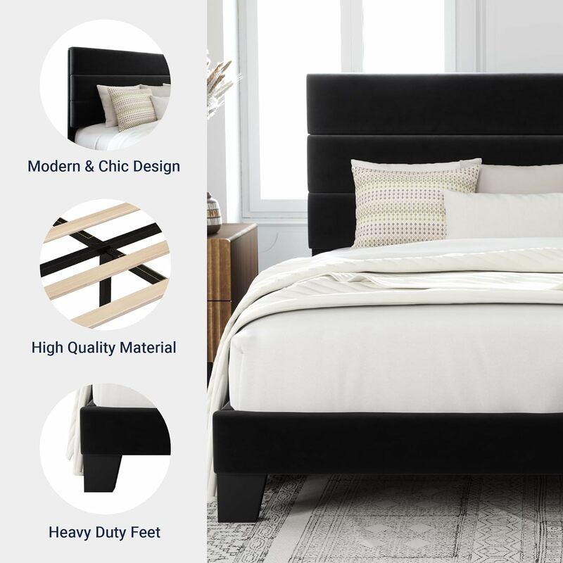Struttura del letto con piattaforma a grandezza naturale, testiera imbottita in velluto e supporto per strisce di legno, facile da montare, nero