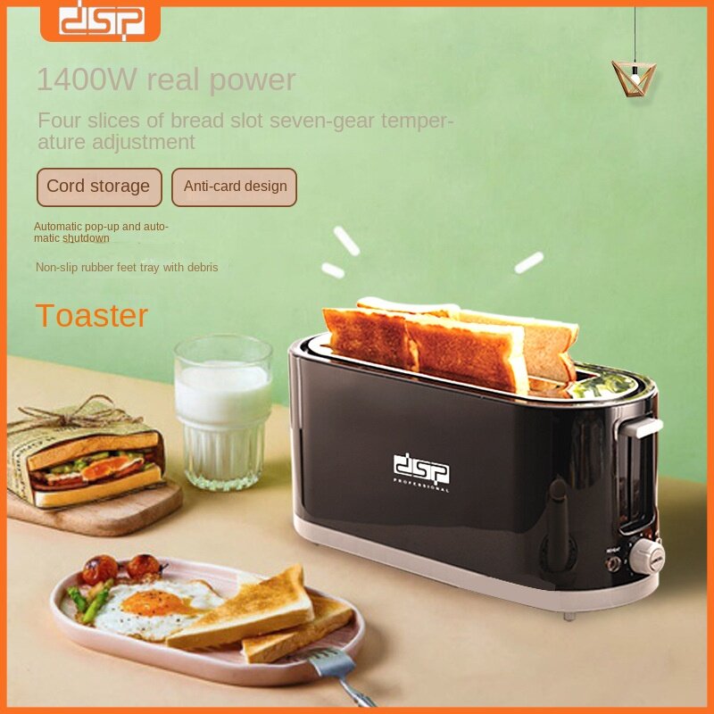 Spit driver-tostadora totalmente automática para el hogar, máquina de desayuno de 4 ranuras, con tubo de calor de 1400W de potencia
