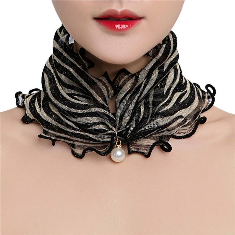 New Fashion Neck Collar Print Shiny Loop Scarf Ruffle Lace Scarf Pearl Pendant Organza Chiffon Scarves  Headband