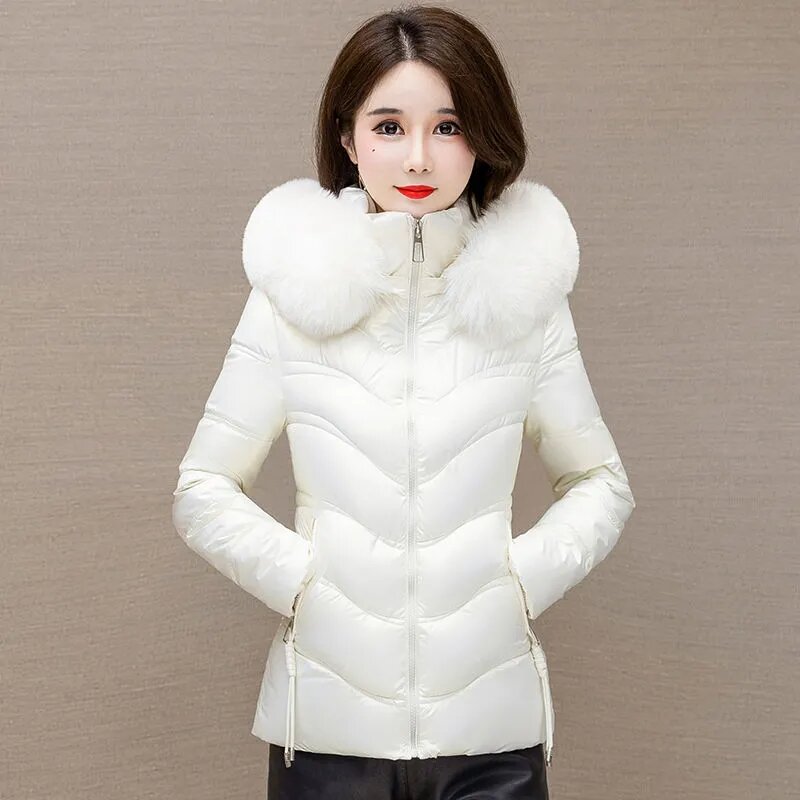 Пуховик для женщин Зимний, новый стиль стройнящий и приталенный, большой меховой воротник, блестящая поверхность, хлопковая куртка без мытья