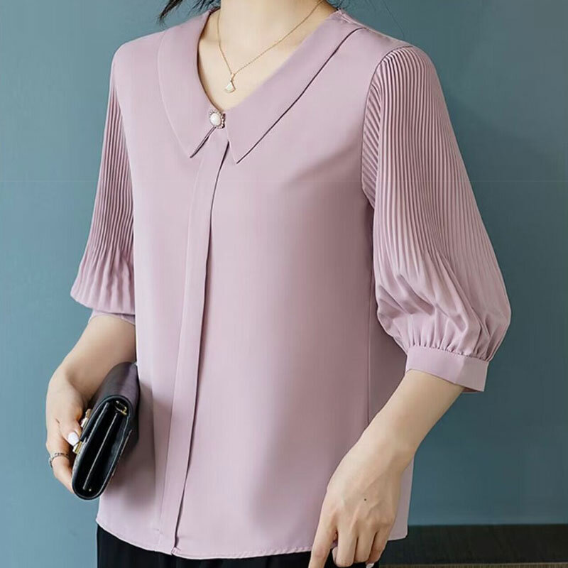 Camisa de media manga para mujer, blusa holgada con pliegues, Color sólido, cuello vuelto, estilo coreano, combina con todo, verano