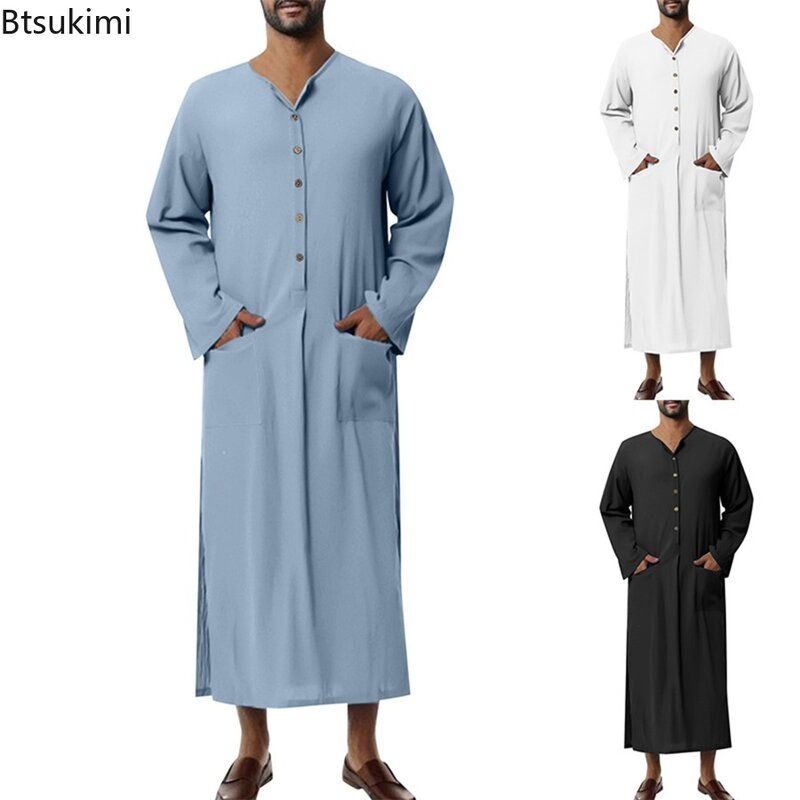 Мусульманская модная одежда New2024 в этническом стиле с воротником «Генри» и длинным рукавом, повседневная однотонная одежда на пуговицах, исламский арабский Дубай Jubba Thobe