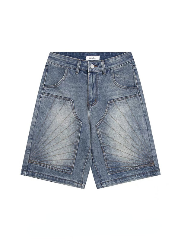 HOUZHOU-Shorts jeans lavados para mulheres, jeans largos, jeans na altura do joelho, streetwear vintage, grunge, azul, grandes dimensões, estética Harajuku, Y2k