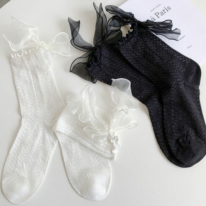 Calcetines de algodón con volantes para mujer, medias con lazo de tubo medio, a la moda, Lolita