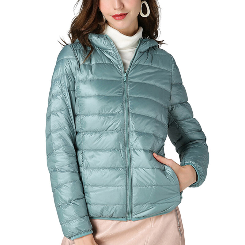 주머니가 있는 여성 집업 패딩 다운 코트, 편안한 슬림 숏 재킷, 겨울 야외 착용