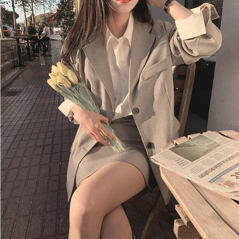 2 Piece Set Blazer and High Waist Skirt Jacket Sold Office Lady Separately Women's Costumes Women Sweet Solid Fall Skirt Suits
