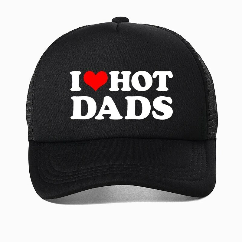 I Love Hot Dads 야구 모자, 재미있는 빨간색 패턴 프린트 아빠 모자, 하라주쿠 하이 퀄리티 트럭 운전사 모자, 통기성 메쉬 모자