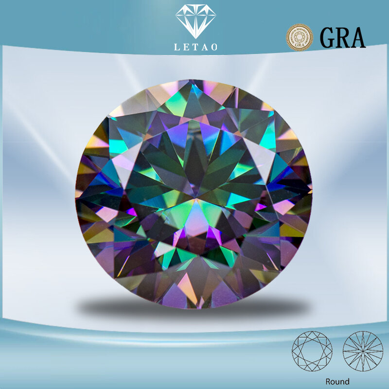 Pierre de moissanite ronde, couleur vert arc-en-ciel, pierre précieuse synthétique, diamant créé en laboratoire, réussite du testeur de diamant avec certificat GRA