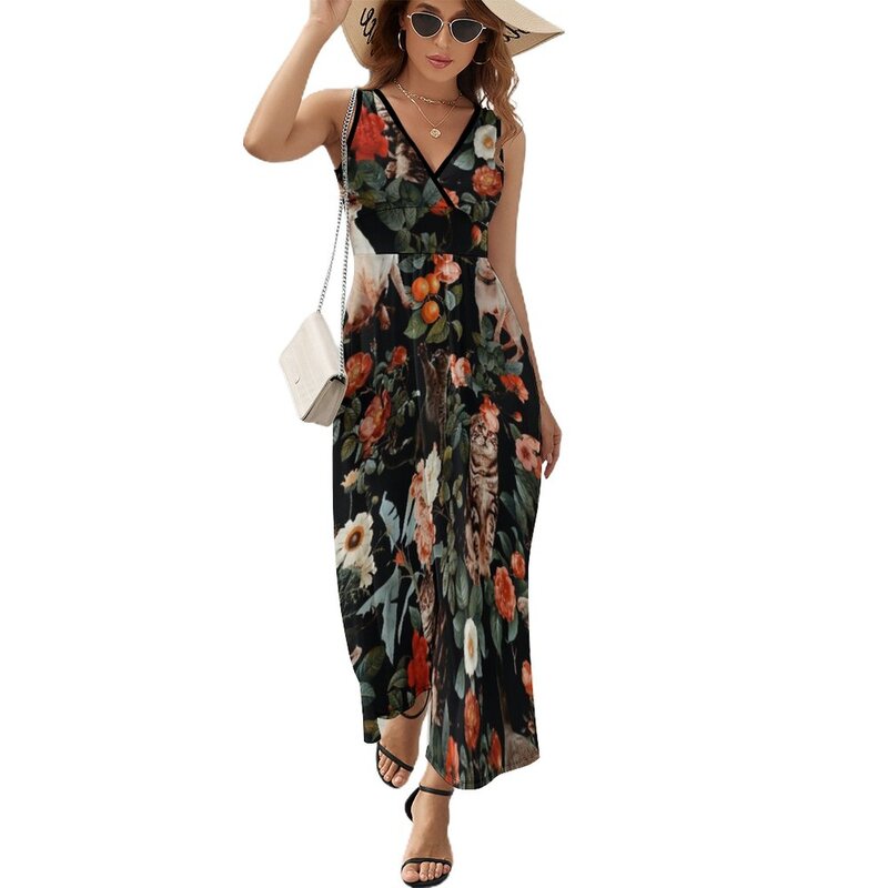 Floral and Cats Pattern Sleeveless Dress prom clothes Clothing female