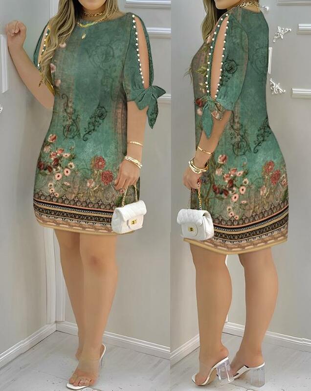 Gaun Mini wanita lengan pendek motif bunga, gaun Mini lurus liburan kasual modis musim panas 2023