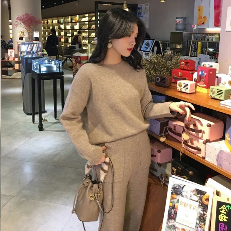 Women's Knitted 2 Pieces Home Suit Autumn Thick Warm O-neck Loose Sweater+Ankle-Length Pants Sleepwear Warm Cashmere Tracksuits